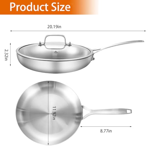 DELARLO Whole Body Tri-Ply Stainless Steel 12 Inch Frying Pan With Lid, kitchen large Skillet Suitable for All Stove Up to 600℉, 18/10 Cookware - Image 3