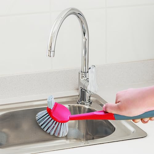 Kleeno Cello Kleeno Dual Action Sink & Dish Brush, Red & Grey | Flexible Bristles, Hanging Provision | Rubberised Handle & Tough Bristles for Stubborn Stains |Plastic Kitchen Sink Basin Wash Cleaning Brush - Image 1