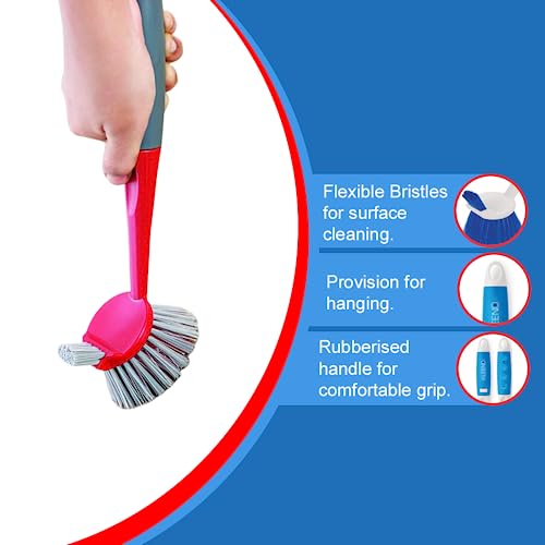Kleeno Cello Kleeno Dual Action Sink & Dish Brush, Red & Grey | Flexible Bristles, Hanging Provision | Rubberised Handle & Tough Bristles for Stubborn Stains |Plastic Kitchen Sink Basin Wash Cleaning Brush - Image 3