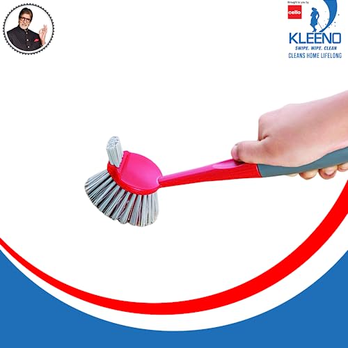 Kleeno Cello Kleeno Dual Action Sink & Dish Brush, Red & Grey | Flexible Bristles, Hanging Provision | Rubberised Handle & Tough Bristles for Stubborn Stains |Plastic Kitchen Sink Basin Wash Cleaning Brush - Image 2