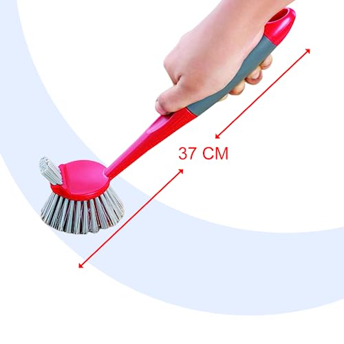 Kleeno Cello Kleeno Dual Action Sink & Dish Brush, Red & Grey | Flexible Bristles, Hanging Provision | Rubberised Handle & Tough Bristles for Stubborn Stains |Plastic Kitchen Sink Basin Wash Cleaning Brush - Image 5