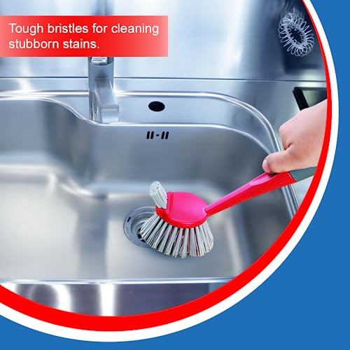 Kleeno Cello Kleeno Dual Action Sink & Dish Brush, Red & Grey | Flexible Bristles, Hanging Provision | Rubberised Handle & Tough Bristles for Stubborn Stains |Plastic Kitchen Sink Basin Wash Cleaning Brush - Image 4