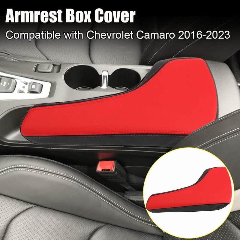 XITER Leather Auto Console Cover Waterproof Center Console Armrest Cover Protector for Chevrolet Camaro (2016-2023) - Black and Red - Image 2