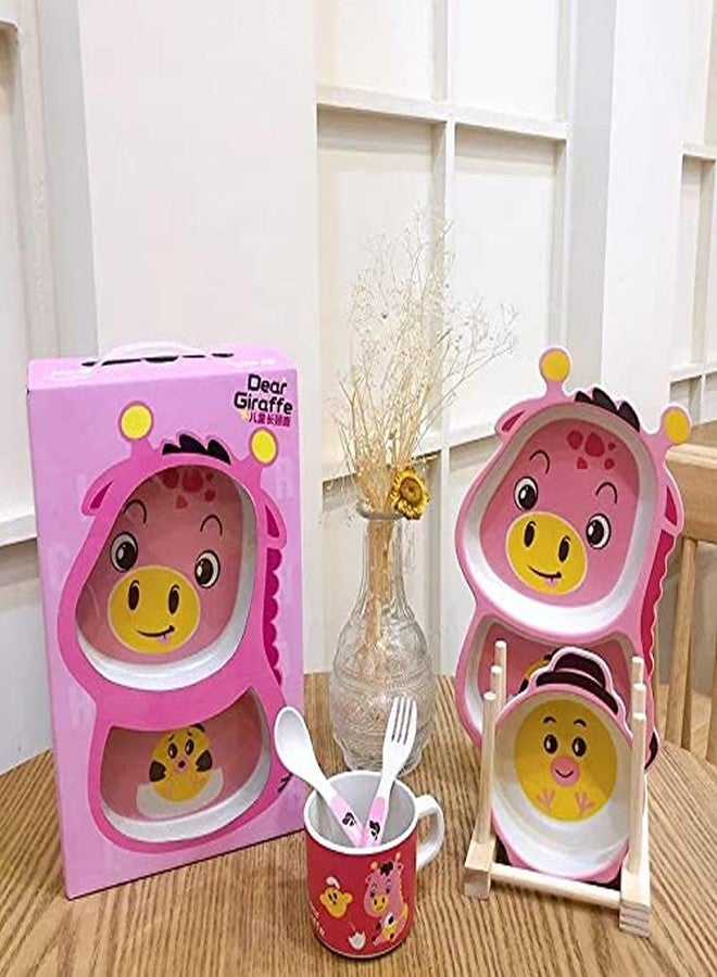 CherryBox Dinnerware Plate Set for Kids - Cartoon Design Crockery Set - Bamboo Fiber Eco Friendly (Dear Giraffe - 5 Pc Set) - Image 3