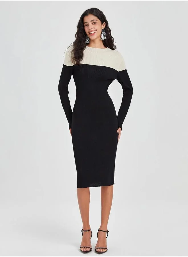 Kotty Rib Color Block Bodycon Midi Dress