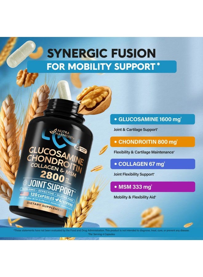 NUTRAHARMONY Glucosamine Chondroitin MSM Collagen | FSA HSA Eligible | Joint Support Supplement 2800 mg | Made in USA | FSA Approved Product Items | Flexibility Nutritional Vitamins | For Men & Women, 120 Capsules - Image 3