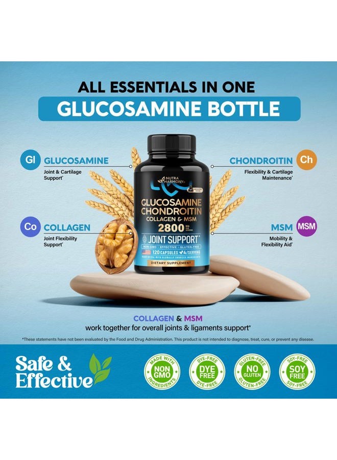 NUTRAHARMONY Glucosamine Chondroitin MSM Collagen | FSA HSA Eligible | Joint Support Supplement 2800 mg | Made in USA | FSA Approved Product Items | Flexibility Nutritional Vitamins | For Men & Women, 120 Capsules - Image 4