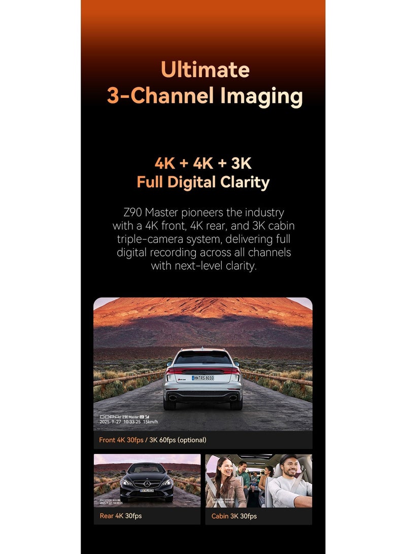 دي دي باي كاميرا لوحة القيادة المتميزة DDPAI Z90 Pro 3CH – نظام ثلاثي العدسات (أمامية 4K، خلفية 2K، ومقصورة 3K)، مستشعر Sony STARVIS 2 IMX678، تقنية Triple HDR، تنبيهات 4G عن بعد، رؤية ليلية بالأشعة تحت الحمراء، جي بي إس وذاكرة eMMC 64 جيجابايت - Image 3