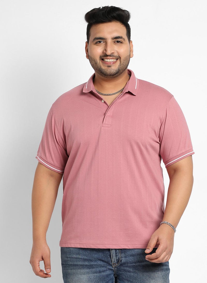 Instafab Plus Instafab Plus Men's Coral Pink Self-Design Halo Striped T-Shirt For Casual Wear | Spread Collar | Short Sleeve | Half-Button Closure | Polycotton T-Shirt Crafted With Comfort Fit For Everyday Wear - Image 2