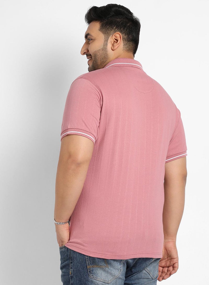 Instafab Plus Instafab Plus Men's Coral Pink Self-Design Halo Striped T-Shirt For Casual Wear | Spread Collar | Short Sleeve | Half-Button Closure | Polycotton T-Shirt Crafted With Comfort Fit For Everyday Wear - Image 5