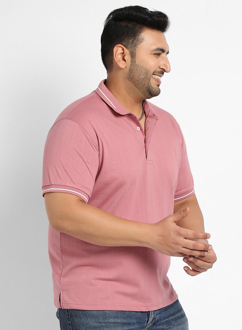 Instafab Plus Instafab Plus Men's Coral Pink Self-Design Halo Striped T-Shirt For Casual Wear | Spread Collar | Short Sleeve | Half-Button Closure | Polycotton T-Shirt Crafted With Comfort Fit For Everyday Wear - Image 3