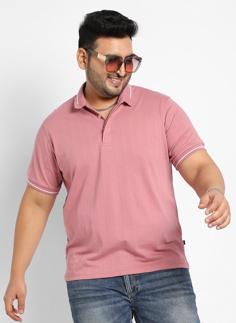 Instafab Plus Instafab Plus Men's Coral Pink Self-Design Halo Striped T-Shirt For Casual Wear | Spread Collar | Short Sleeve | Half-Button Closure | Polycotton T-Shirt Crafted With Comfort Fit For Everyday Wear - Image 1