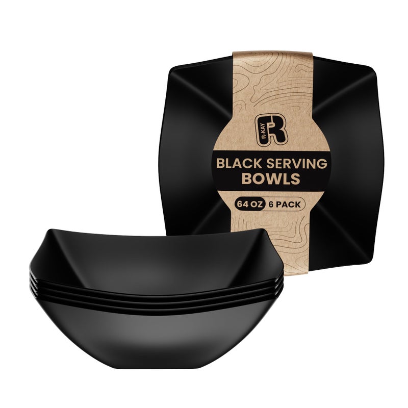 R-kay 6 Pack Square Plastic Black Serving Bowls - Black Plastic bowls 64 Oz - Salad Bowls Large Serving - Premium Black Disposable bowls Heavy Duty For Weddings Catering And Birthday parties - Image 1