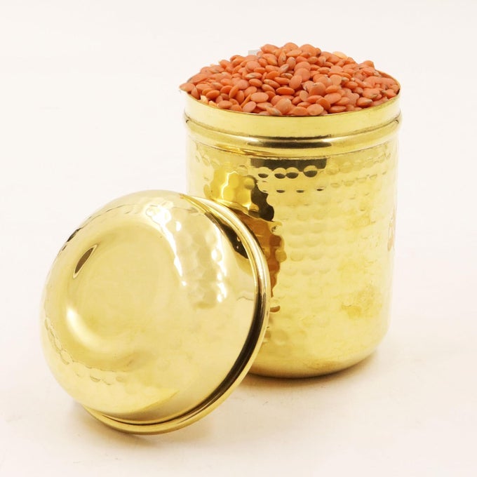 BRASS UTENSIL VERTICAL CANISTERSFOOD GRADE JARSKITCHEN DABBIUBHA DABBASTORAGE CONTAINER BRASS HAMMERED DABBA SMALL1