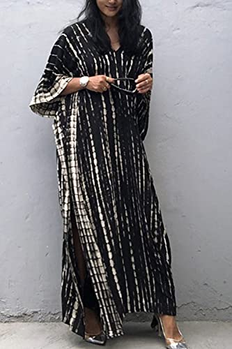 YouKD Print Floral Long Kaftan V-Neck Robe Boho Beach Swimsuit Cover Up Maxi Dress for Women B Black - Image 3