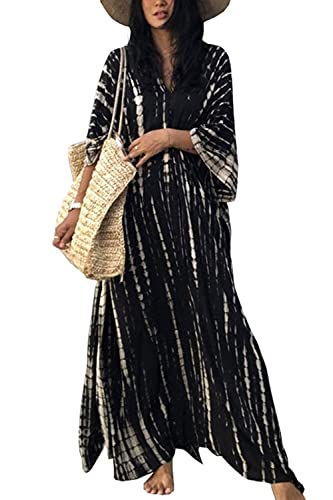 YouKD Print Floral Long Kaftan V-Neck Robe Boho Beach Swimsuit Cover Up Maxi Dress for Women B Black - Image 1