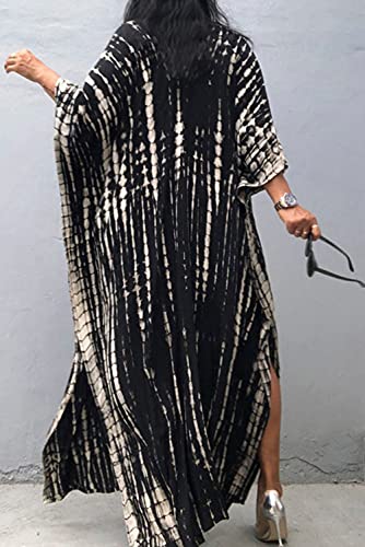 YouKD Print Floral Long Kaftan V-Neck Robe Boho Beach Swimsuit Cover Up Maxi Dress for Women B Black - Image 4