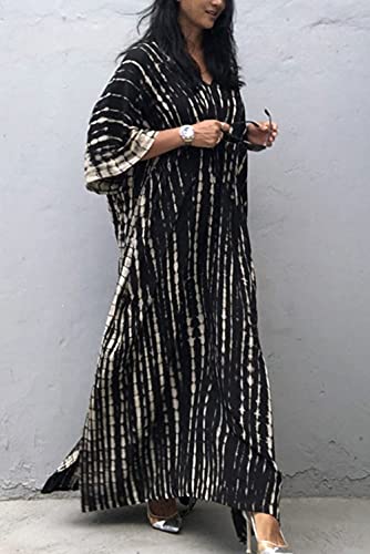 YouKD Print Floral Long Kaftan V-Neck Robe Boho Beach Swimsuit Cover Up Maxi Dress for Women B Black - Image 5