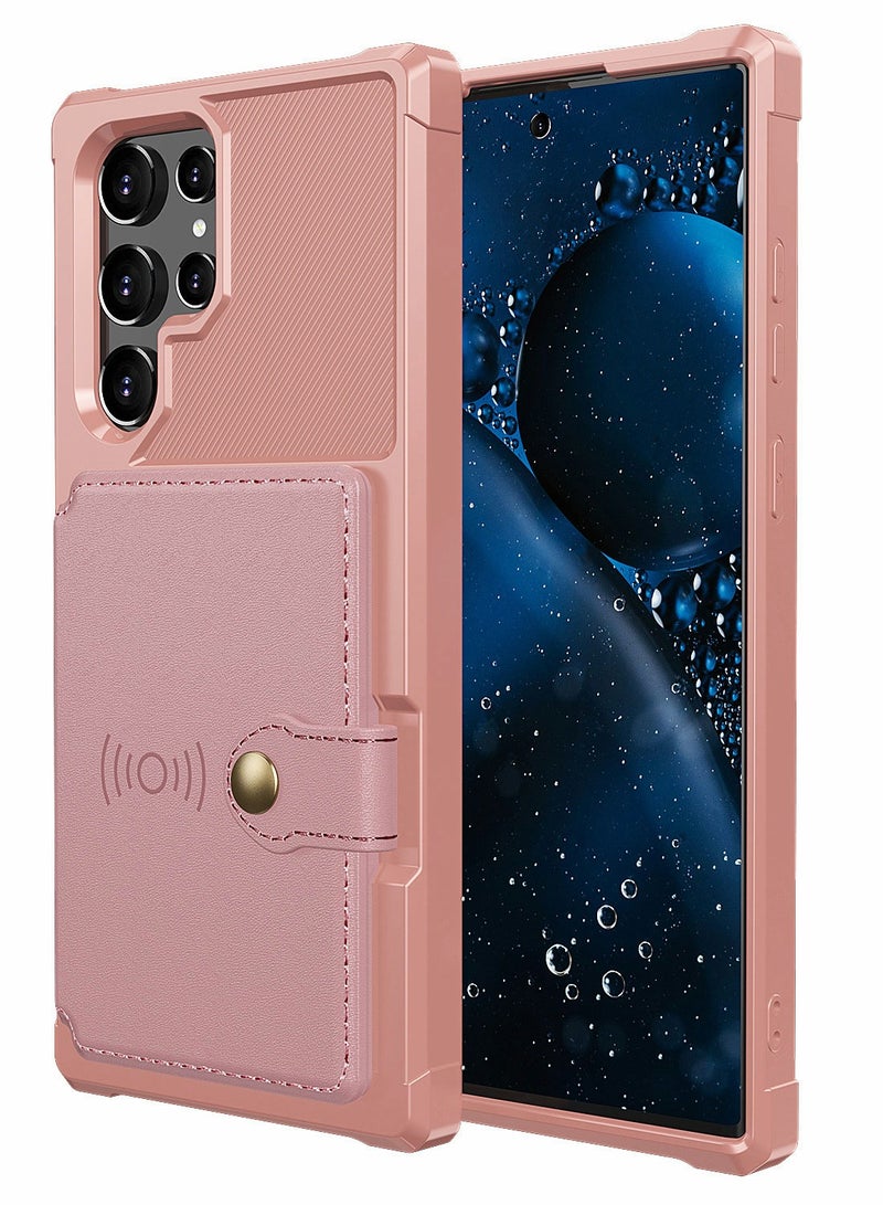 Case for Galaxy S22 Ultra Cover with PU Leather Wallet Credit Card Holder Slot Anti Fall Shock Resistant Double Layers Protection Pink