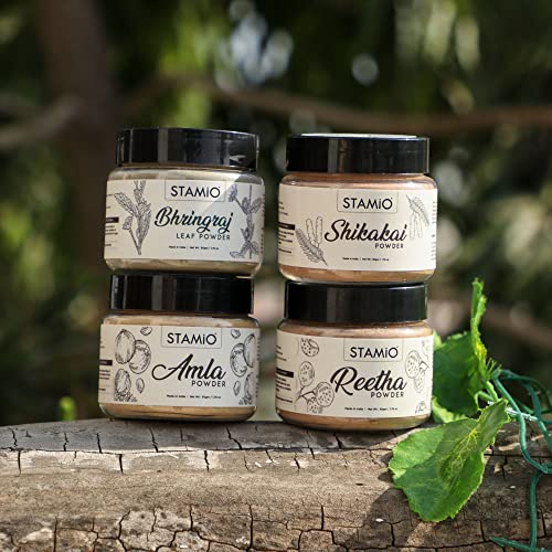 STAMIO Hair Care 4 Products Combo 200 gm - Amla Reetha Shikakai Bhringraj Powder for Pack, Wash, Mask, Shampoo, Dandruff, Cleanser | Natural Seedless Powders Kit | In Jar 50gm X 4 - Image 2