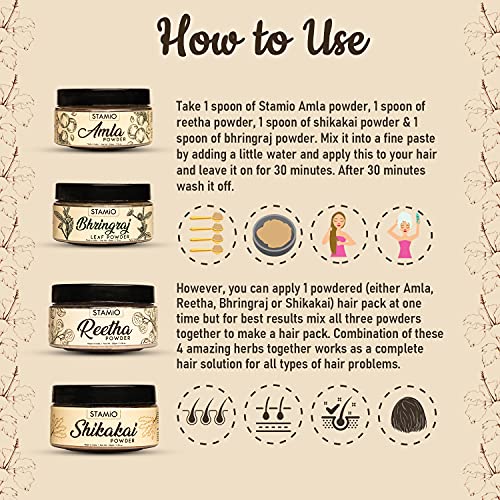 STAMIO Hair Care 4 Products Combo 200 gm - Amla Reetha Shikakai Bhringraj Powder for Pack, Wash, Mask, Shampoo, Dandruff, Cleanser | Natural Seedless Powders Kit | In Jar 50gm X 4 - Image 3