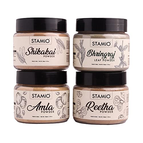 STAMIO Hair Care 4 Products Combo 200 gm - Amla Reetha Shikakai Bhringraj Powder for Pack, Wash, Mask, Shampoo, Dandruff, Cleanser | Natural Seedless Powders Kit | In Jar 50gm X 4 - Image 1
