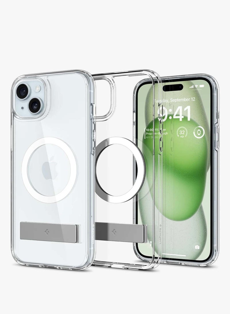Techie iPhone 15 Plus Hybrid Transparent MagSafe Case With Built-in Kick Stand, Anti-Yellow Shockproof Transparent Back Cover case for iPhone 15 Plus Spigene Series. - Image 1