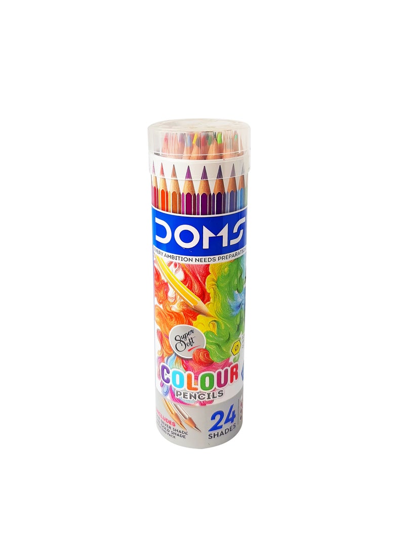 DOMS Wooden Colors Round Tin 24 Shades Set with Free One Silver and One Gold Shades - Image 1