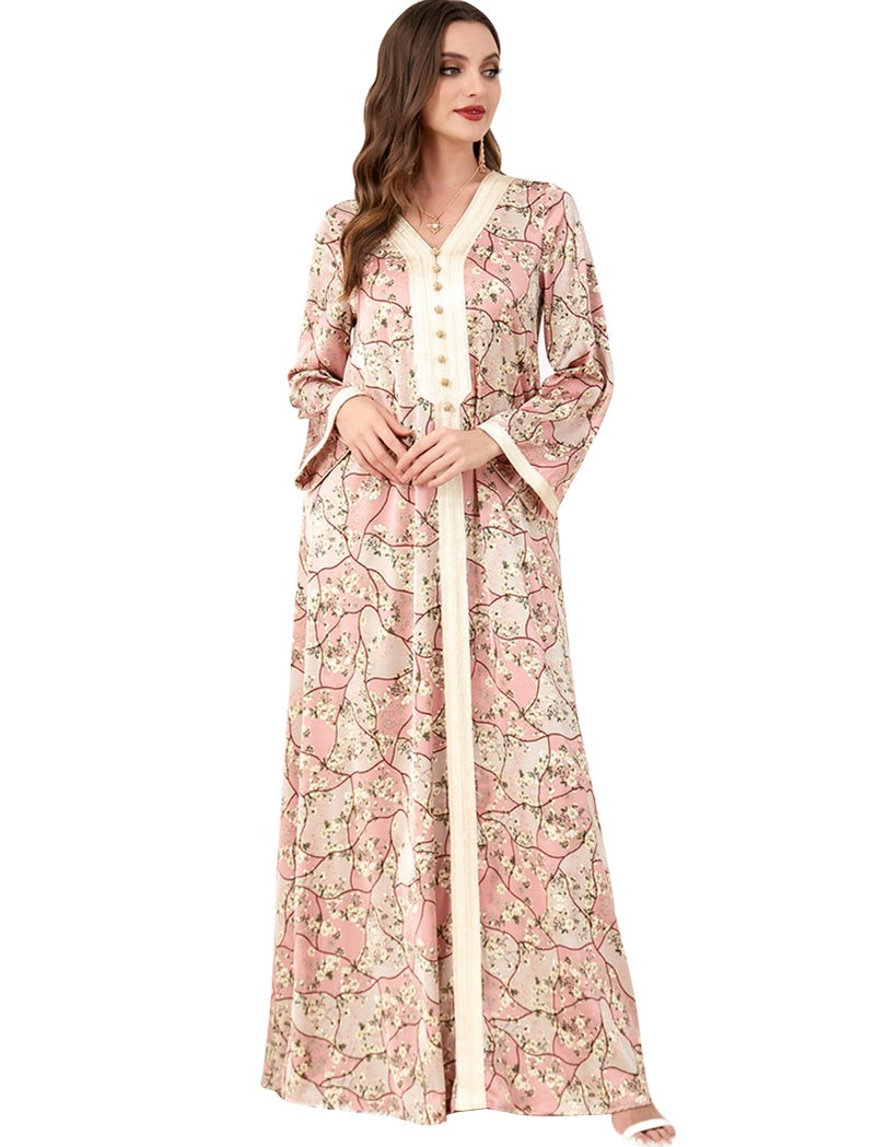 Muslim Dresses for Women Dubai Abayas Ramadan Eid Abaya Dress Robe Loose Fit Dress Maxi Kaftan Dresses Caftan Muslim Clothes for Women Floral Print Ethnic Shirts Dress African Arabic Dress Pink L