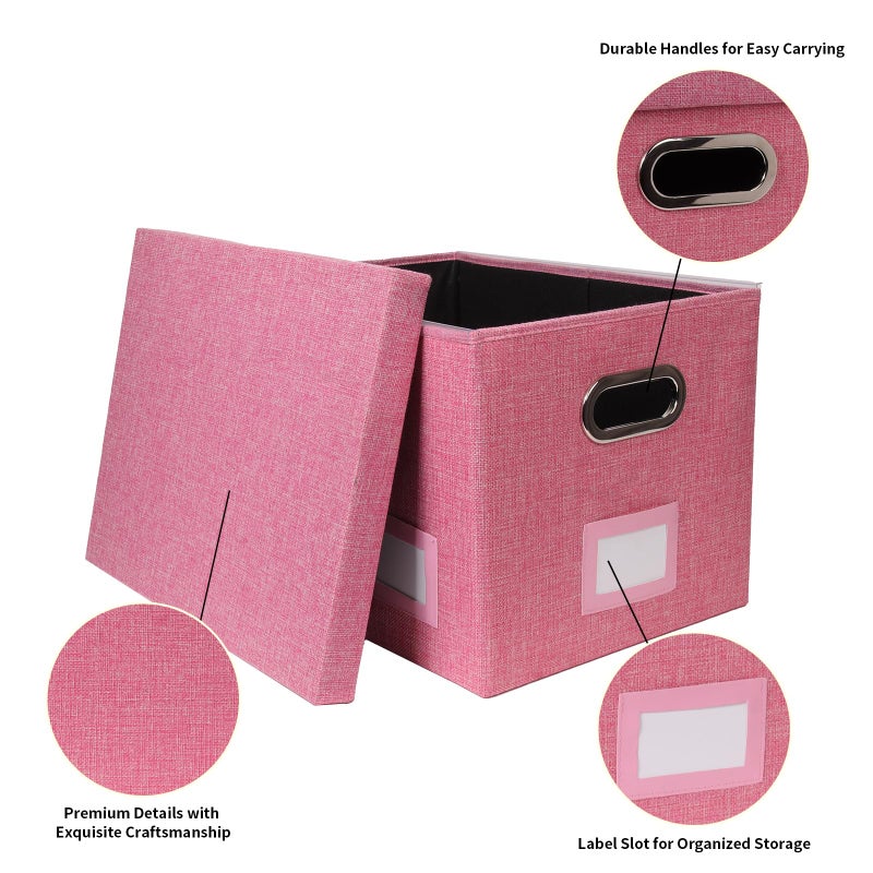 Tcbelosion Portable File Organizer Box with Lid, Filing Box with Handle, Multi-Label Slots, Perfect for Office/Home/Decor (Pink) - Image 3
