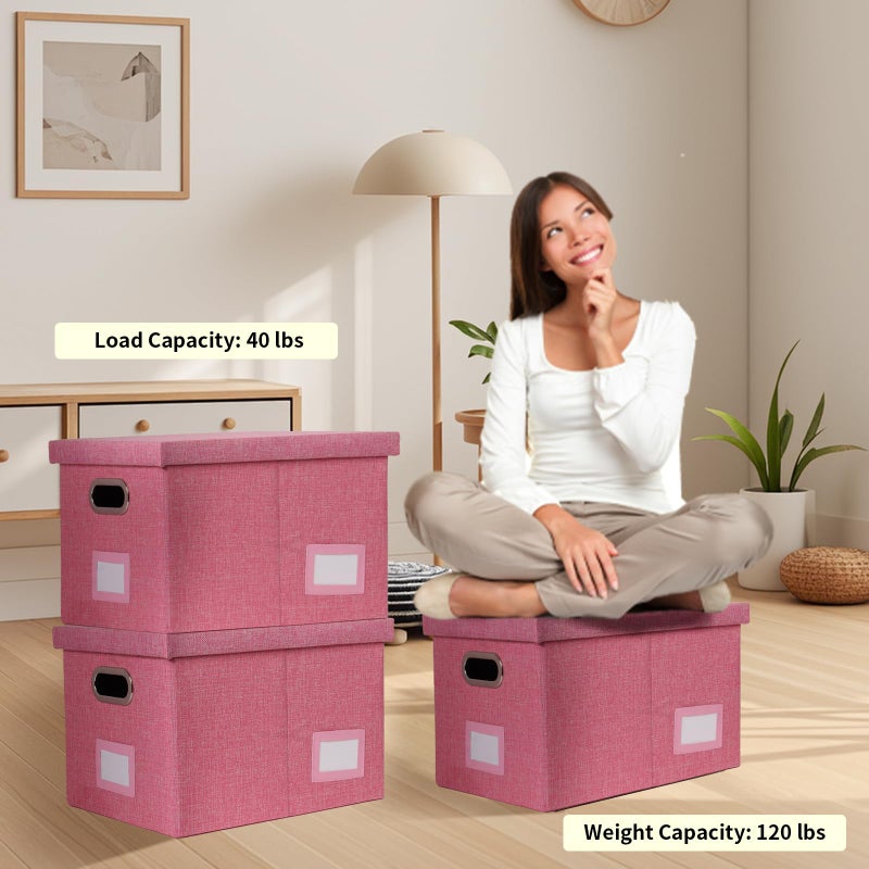 Tcbelosion Portable File Organizer Box with Lid, Filing Box with Handle, Multi-Label Slots, Perfect for Office/Home/Decor (Pink) - Image 4