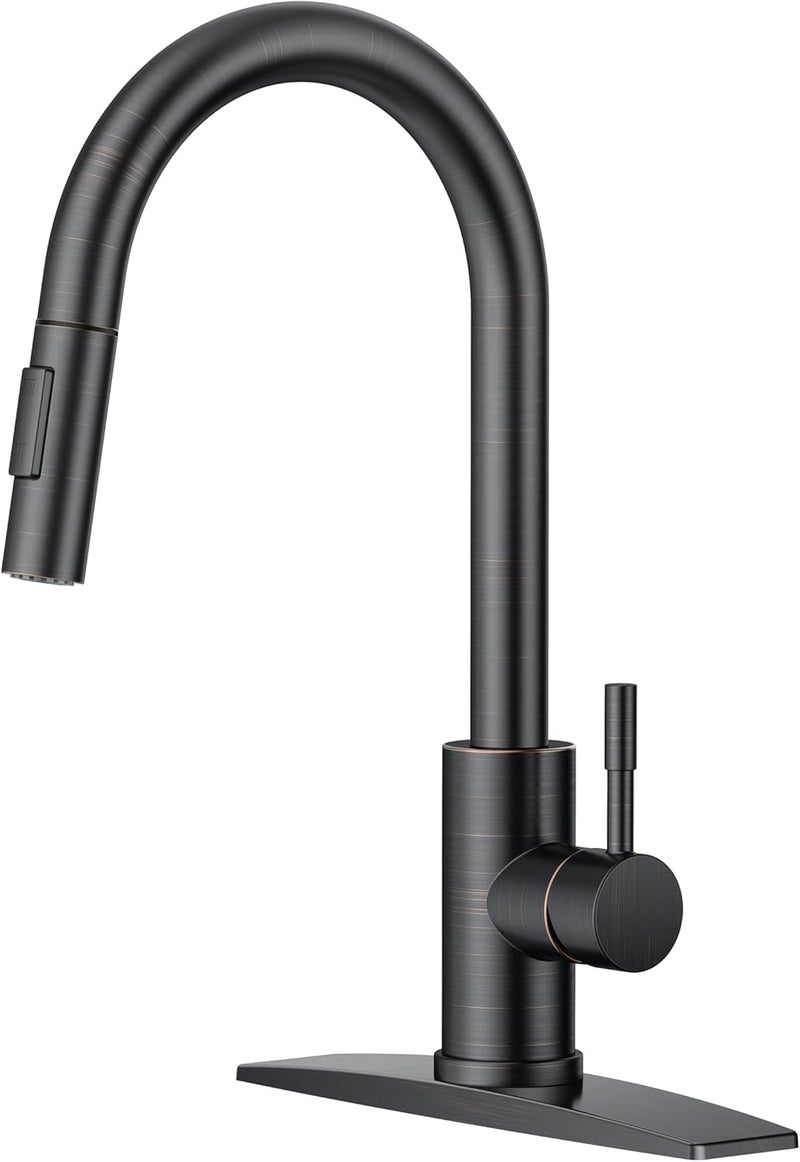 FORIOUS RIOUS Oil Rubbed Bronze Kitchen Faucet with Pull Down Sprayer, High Arc Modern Classic Sink Faucet Stainless Steel with Deck Plate Fit for 1 or 3 Hole for Pot Filler Bar Farmhouse Laundry Rv, ORB - Image 1