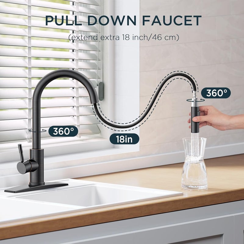 FORIOUS RIOUS Oil Rubbed Bronze Kitchen Faucet with Pull Down Sprayer, High Arc Modern Classic Sink Faucet Stainless Steel with Deck Plate Fit for 1 or 3 Hole for Pot Filler Bar Farmhouse Laundry Rv, ORB - Image 2