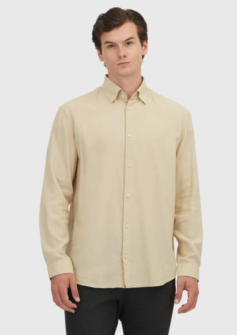 Ramsey Beige Plain Loose Fit Long Weaving Casual Wool Blended Shirt