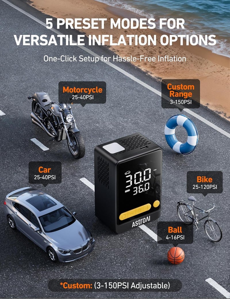AstroAI Car Tyre Inflator Air Compressor + Electric Bike Pump, 150PSI, Digital HD Screen, Yellow - Image 4