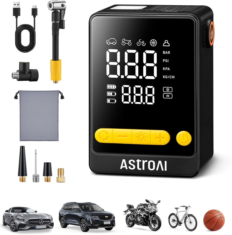 AstroAI Car Tyre Inflator Air Compressor + Electric Bike Pump, 150PSI, Digital HD Screen, Yellow - Image 1