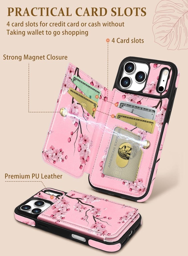 Shorogyt Compatible with iPhone 17 Pro Max Wallet Case with Card Holder - Cute Peach Blossom Design Kickstand for Magnetic Clasp Back Flip Folio Leather Phone Covers for Women Men Girls - Image 3