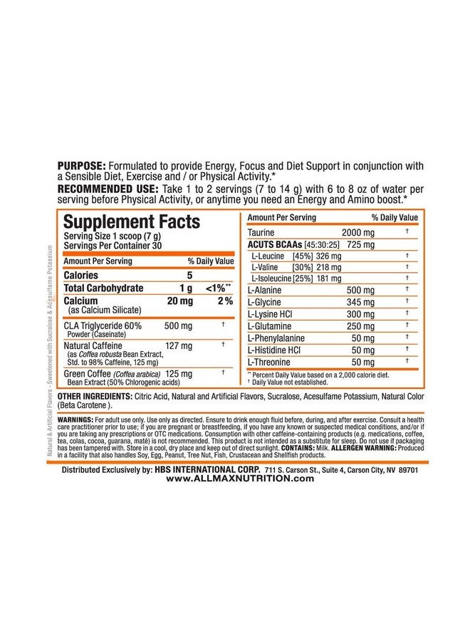 AllMax Nutrition مشروب الطاقة المعزز بالأحماض الأمينية ALLMAX A:CUTS، برتقالة القطب الشمالي - 210 جرام - مع الكافيين، مستخلص القهوة الخضراء، L-كارنيتين و 2000 ملغ من التورين - خالي من السكر والجلوتين - 30 حصة - Image 5