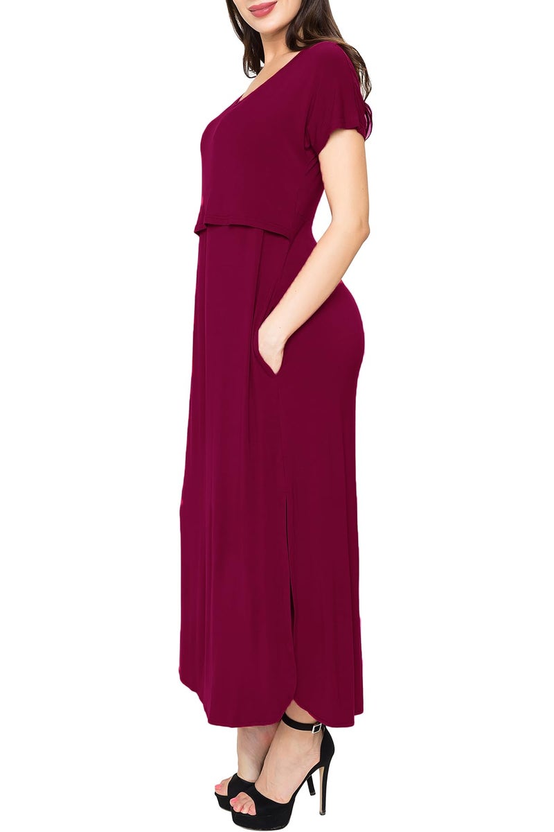 Smallshow Women's Maternity Nursing Dresses Split Long Dress for Breastfeeding Large Burgundy - Image 4