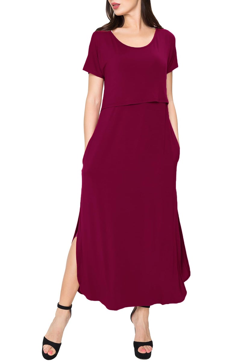 Smallshow Women's Maternity Nursing Dresses Split Long Dress for Breastfeeding Large Burgundy - Image 5