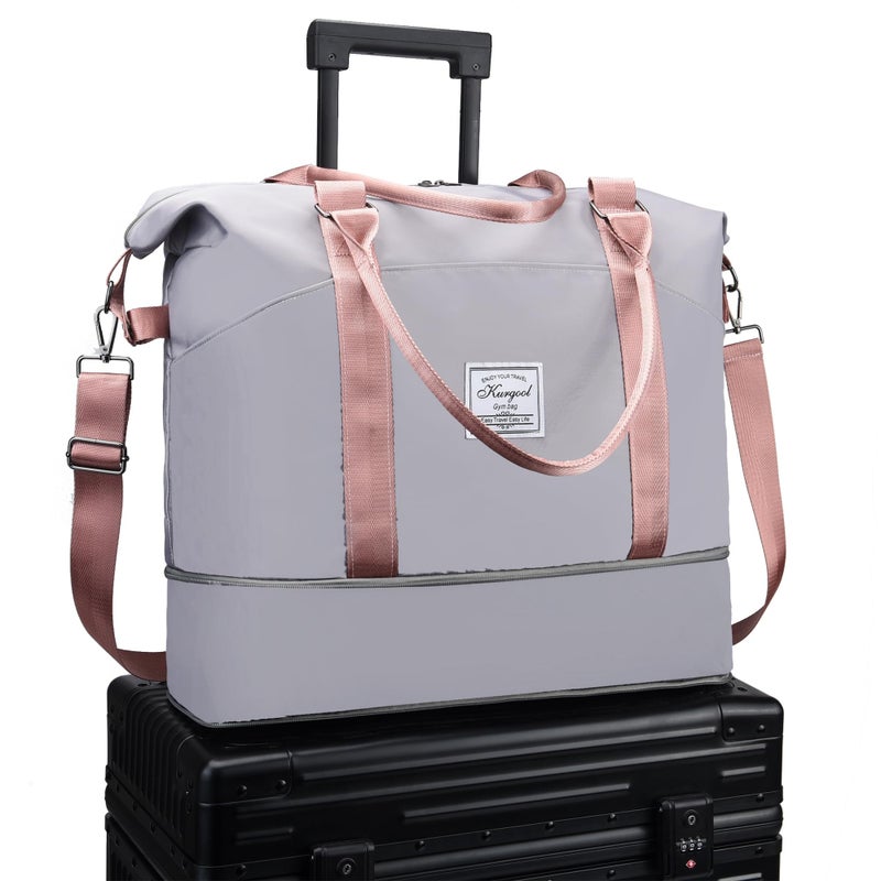 KURGOOL Foldable Travel Bag Expandable Overnight Bag with Wet Pocket Large Weekender Bags for Women Multiple Pockets Gym Duffel Bag Waterproof Carry On Bag with Trolley Sleeve - Image 2