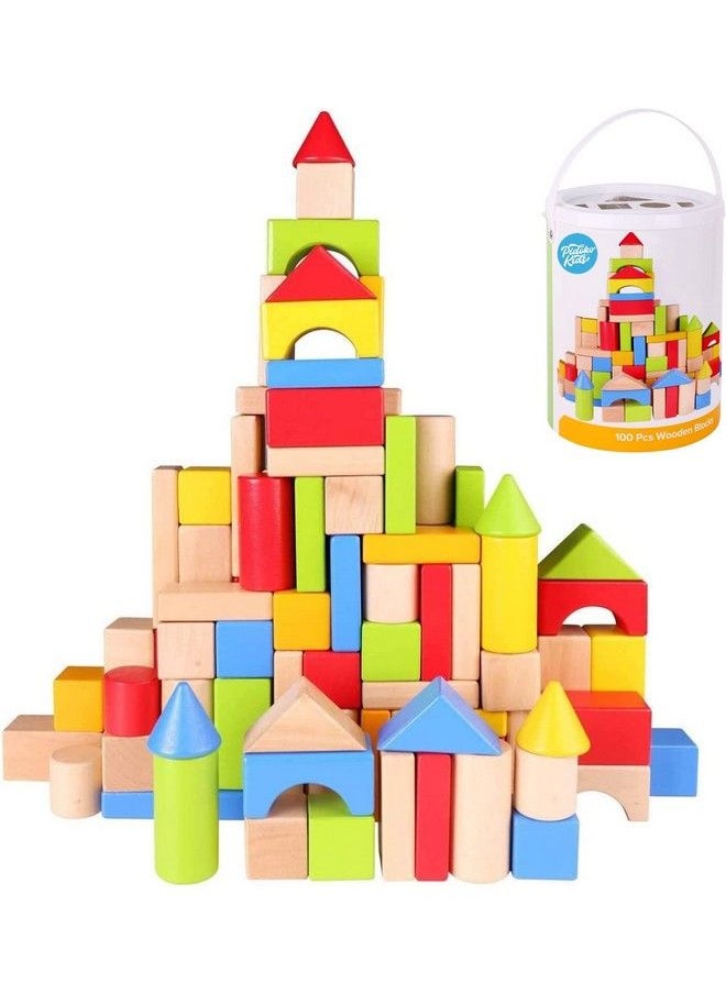 Pidoko Kids - Wooden Blocks 100 Pcs Building Blocks For Toddlers Includes Storage Container With Shape Sorter Top Hardwood Plain & Colored Wood Blocks Preschool Block Learning Toys - Image 1