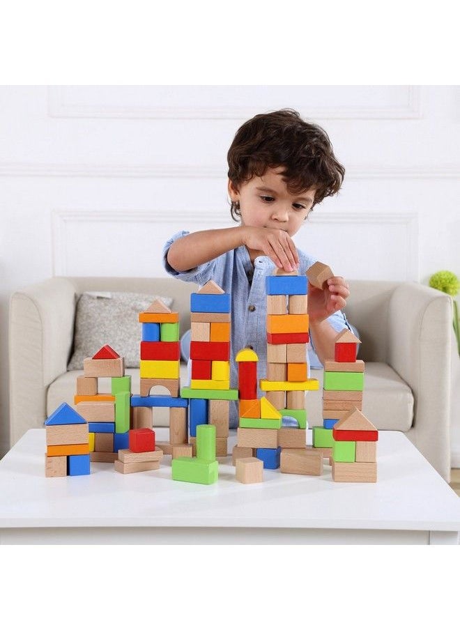 Pidoko Kids - Wooden Blocks 100 Pcs Building Blocks For Toddlers Includes Storage Container With Shape Sorter Top Hardwood Plain & Colored Wood Blocks Preschool Block Learning Toys - Image 1