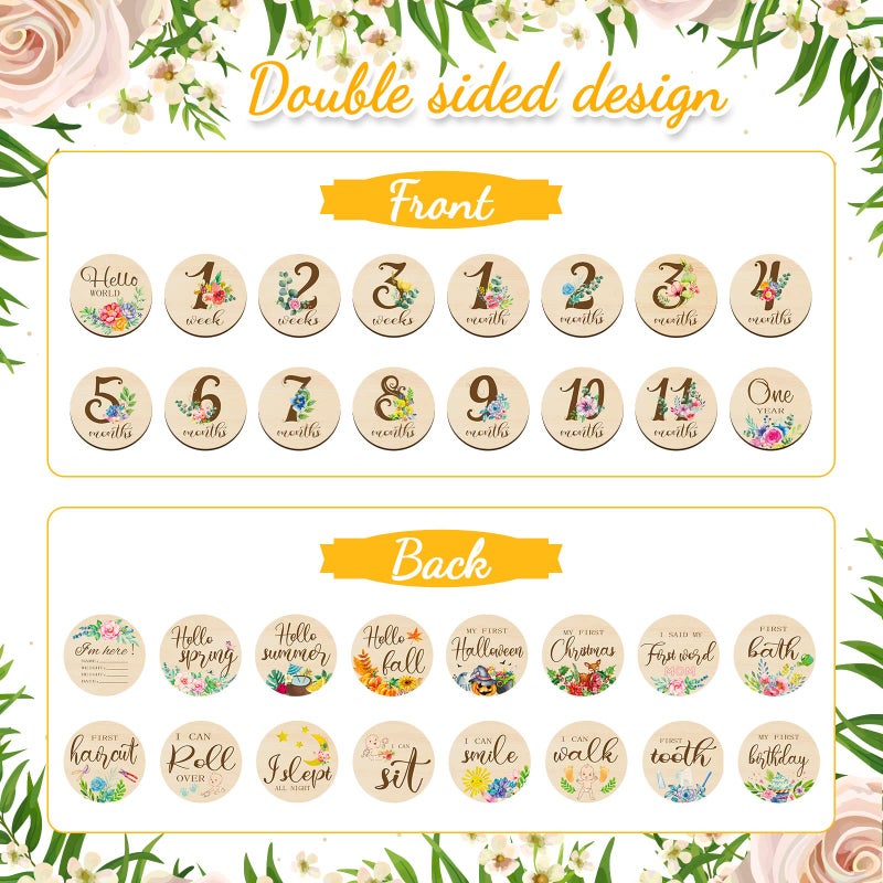 Tiamon 16 Pieces Wooden Baby Monthly Milestone Cards Baby Monthly Milestone Marker Discs Double Sided Monthly Milestone Wooden Circles Baby Months Signs for Baby Shower Newborn Photo Props(Fresh Flowers) - Image 3