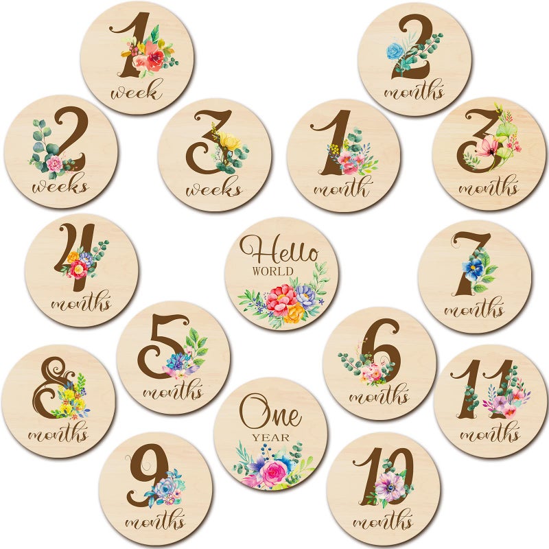 Tiamon 16 Pieces Wooden Baby Monthly Milestone Cards Baby Monthly Milestone Marker Discs Double Sided Monthly Milestone Wooden Circles Baby Months Signs for Baby Shower Newborn Photo Props(Fresh Flowers) - Image 1