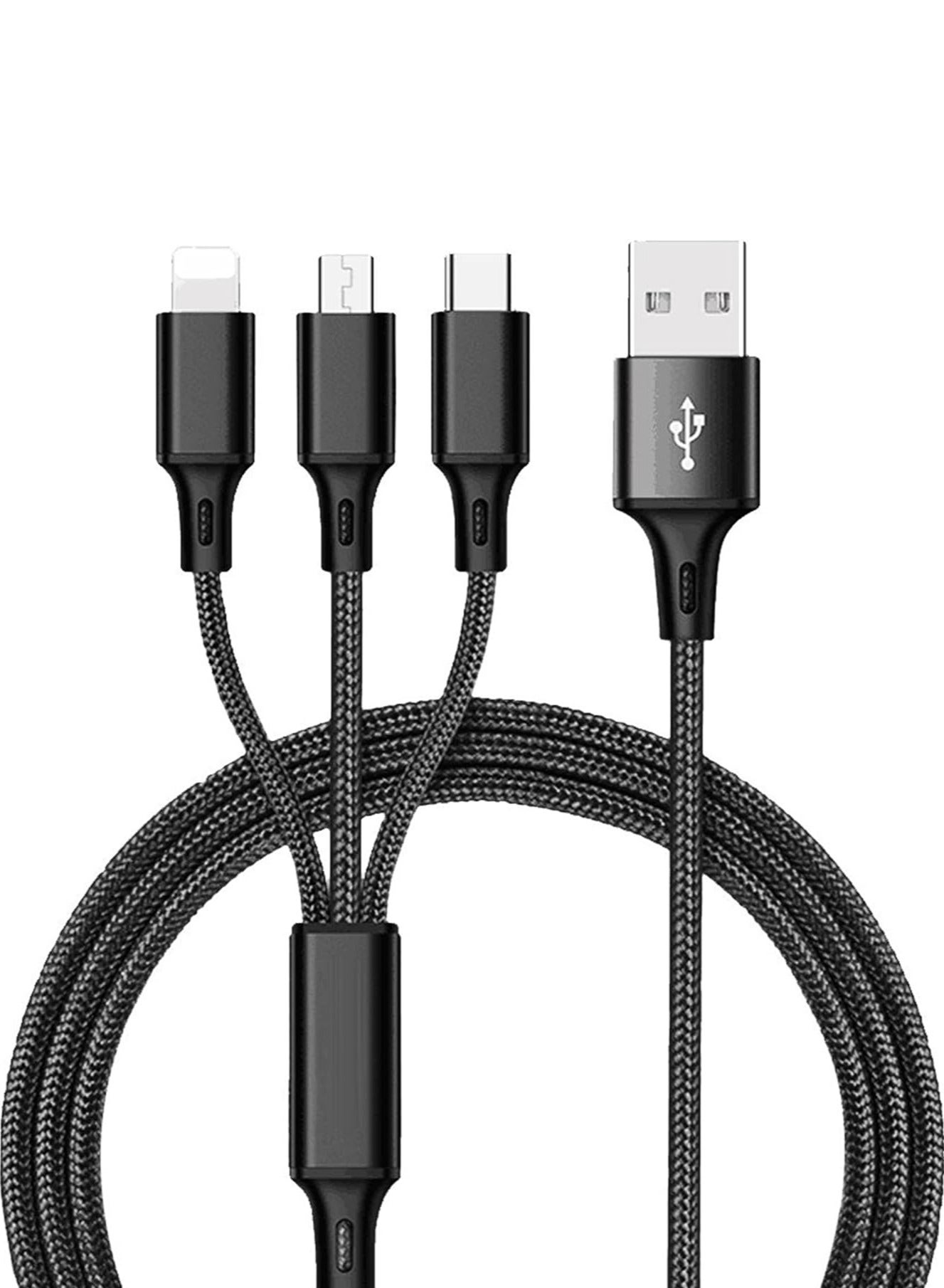 Multi USB Charger Cable, 3 in 1 Nylon Braided Multiple USB Fast Charging Cable Port Connectors Compatible with Cell Phones Tablets Universal Use(1.2 Meters - Black
