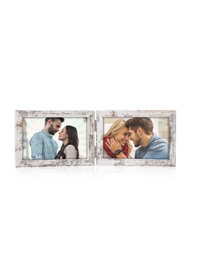 Vintage folding hinge photo frame for tabletop, accommodates two 6-inch photos, available in both landscape and portrait orientations.
