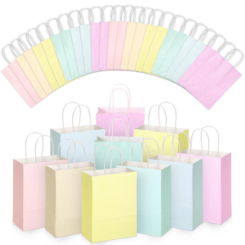Skyygemm 32 Pcs Paper Gift Bags Bulk with Handle, 6.3 x 3.2 x 8.6 Inch Assorted Colors Kraft Goodie Candy Treat Gift Wrap Bags for Carnival Valentine Birthday Party Favor(Pastel Color) - Image 1