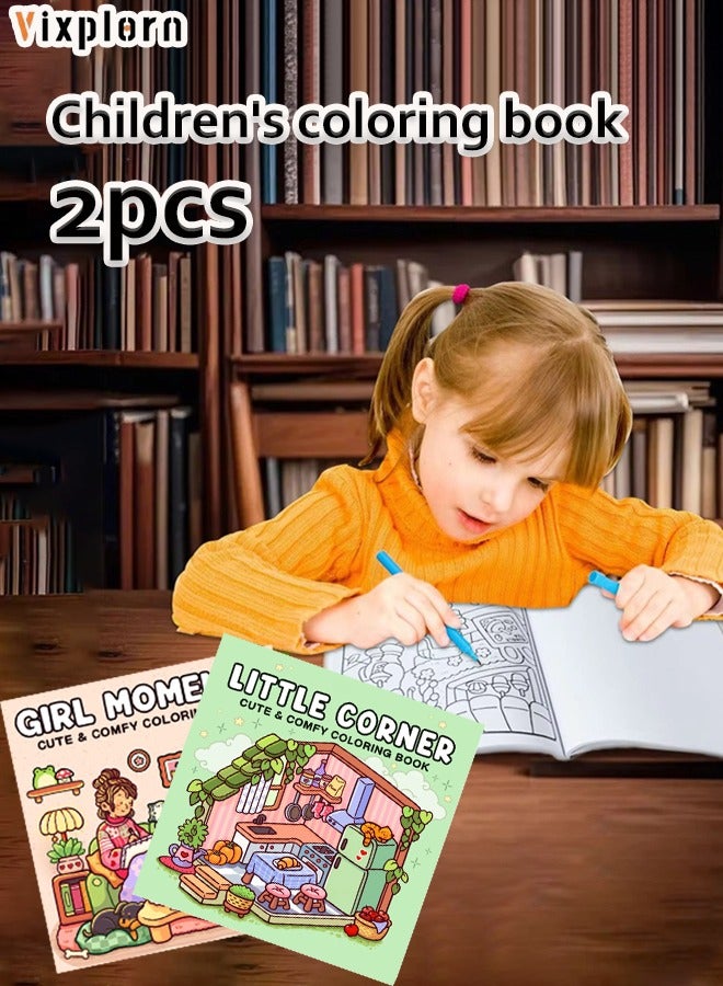 Vixplorn “Girl's Moment” and “Little Corner Cozy” (2 Books) Coloring Book Set  Stress Relief Coloring Book Coloring Picture Book Children's Coloring Book Creative Coloring Book Includes 48 pages per book - Image 1