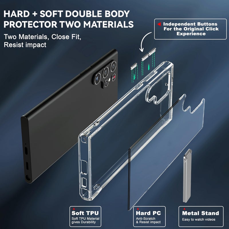 CEDO Kickstand for Samsung Galaxy S22 Ultra Case, 3-Way Adjustable with Metal Stand, Military-Grade Shockproof Bumper, Slim Transparent Acrylic Back Cover, Crystal Clear Design for Samsung S22 Ultra - Image 5
